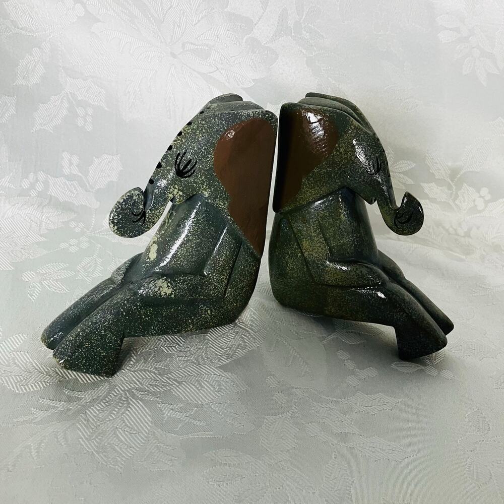 Hand Carved Folk Art Elephant Shelf Sitters Signed Moro Painted Wood Pair